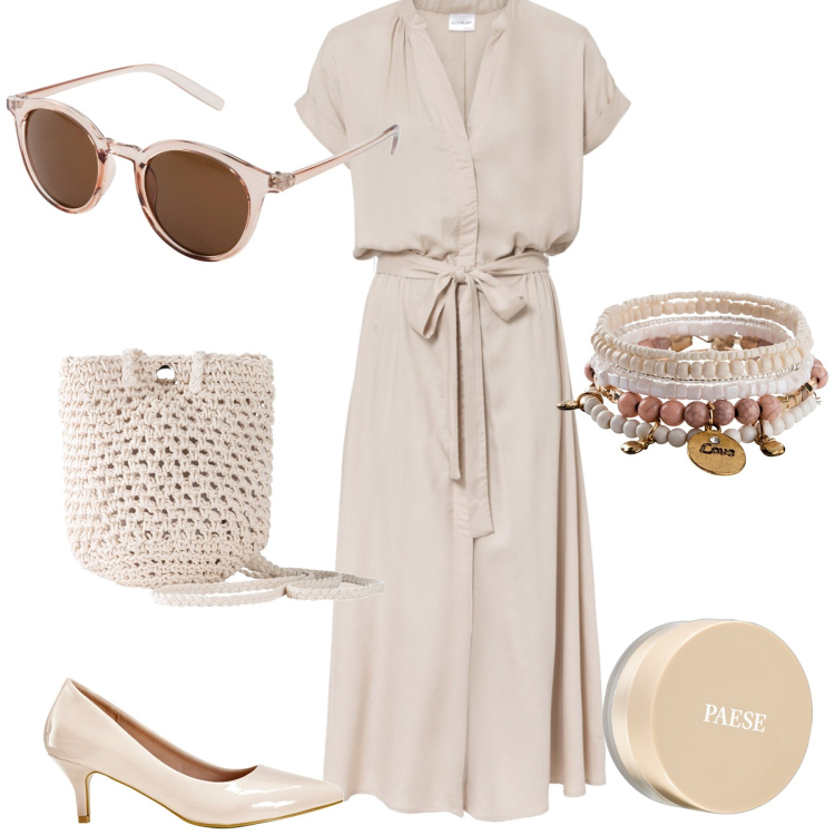 Outfit donna - Gelato alla crema. Stile Chic per Tutti i giorni. Abbinamento con vestiti chemisier, braccialetti, occhiali da sole, borse a tracolla, décolleté, ciprie.