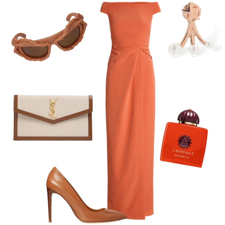 Outfit donna - Chic super chic. Stile Chic per Serata fuori. Abbinamento con profumi, vestiti lunghi, décolleté, pochette, orecchini, occhiali da sole.