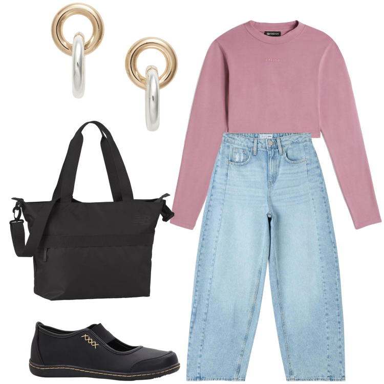 Outfit donna - Commissioni pomeridiane. Stile Basic per Tutti i giorni. Abbinamento con ballerine, jeans, borse tote, maglieria, orecchini.