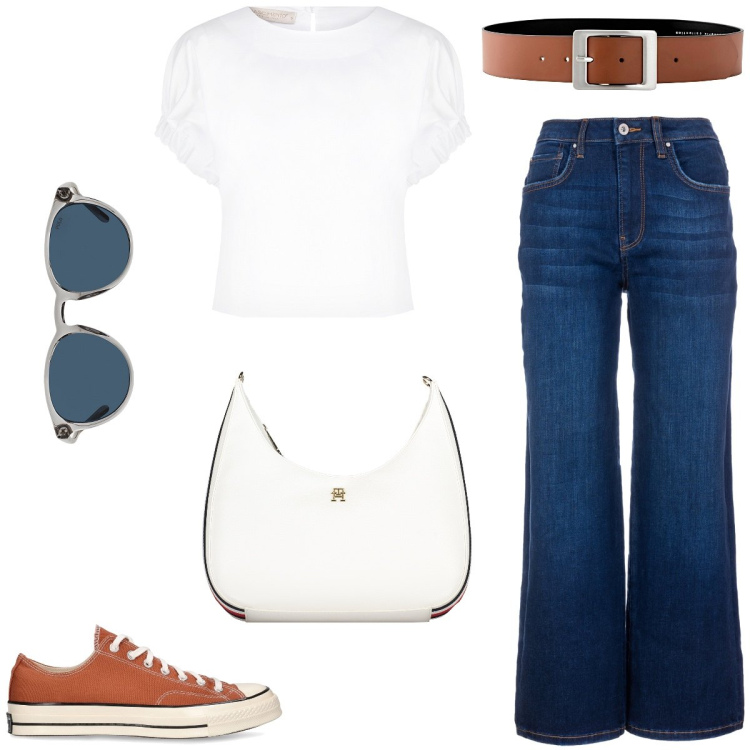 Outfit donna - Total look #1903992. Stile Minimal per Tutti i giorni. Abbinamento con cinture, bluse, jeans, occhiali da sole, sneakers, borse a tracolla.