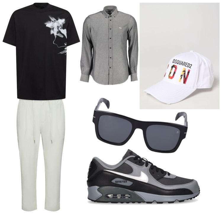 Outfit uomo - Tutti i giorni. Stile Casual per Tutti i giorni. Abbinamento con occhiali da sole, sneakers, pantaloni, camicie, t-shirt, cappelli con visiera.