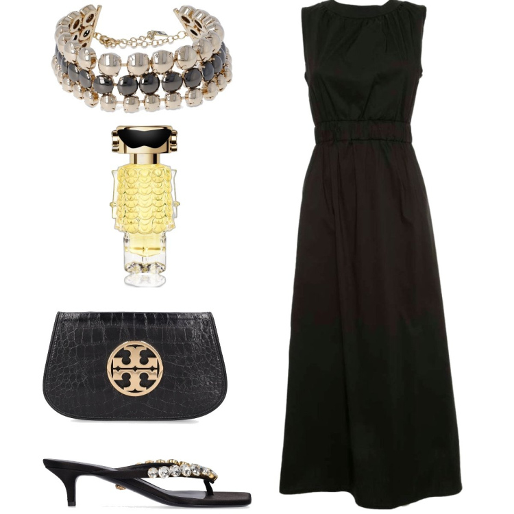 Outfit donna - Total look #1903998. Stile Chic per Serata fuori. Abbinamento con profumi, vestiti lunghi, collane, sandali in pelle, clutch.