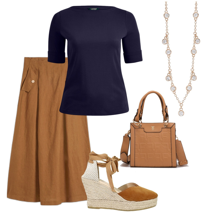 Outfit donna - Total look #1904003. Stile Casual chic per Tutti i giorni. Abbinamento con gonne, collane, borse tote, zeppe, top.