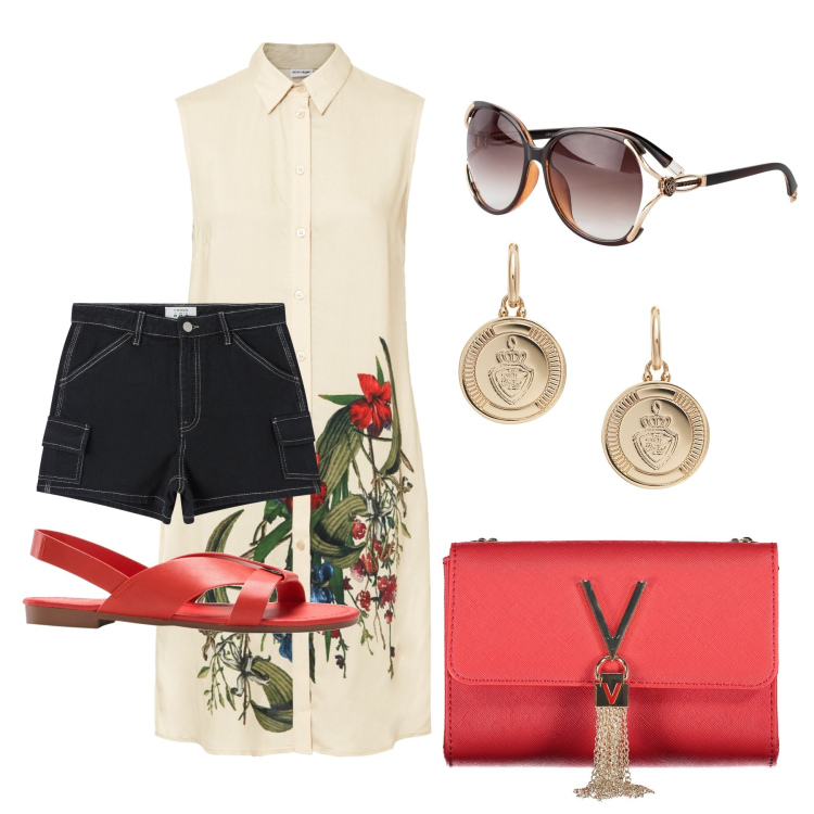 Outfit donna - Ghost outfitter - giugno. Stile Casual chic per Tutti i giorni. Abbinamento con occhiali da sole, camicie, sandali, pantaloni corti, orecchini, borse a tracolla.