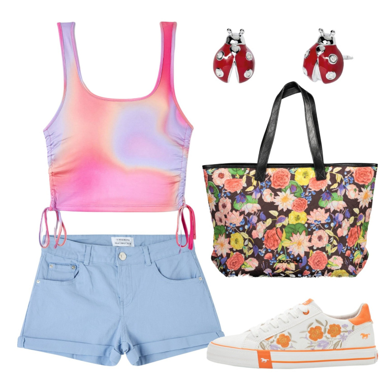 Outfit donna - L\'amica estrosa Summer Edition. Stile Casual per Tutti i giorni. Abbinamento con sneakers, canottiere, shorts, orecchini, borse a spalla.
