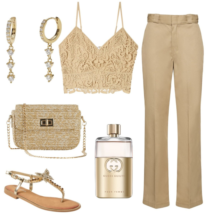 Outfit donna - Total look #1904007. Stile Chic per Tutti i giorni. Abbinamento con borse a mano, profumi, top, sandali gioiello, orecchini, pantaloni.