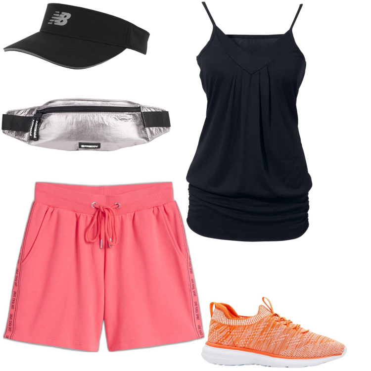 Outfit donna - Allenamento leggere. Stile Casual per Sport. Abbinamento con top, sneakers, shorts, cappelli con visiera, borse sportive.