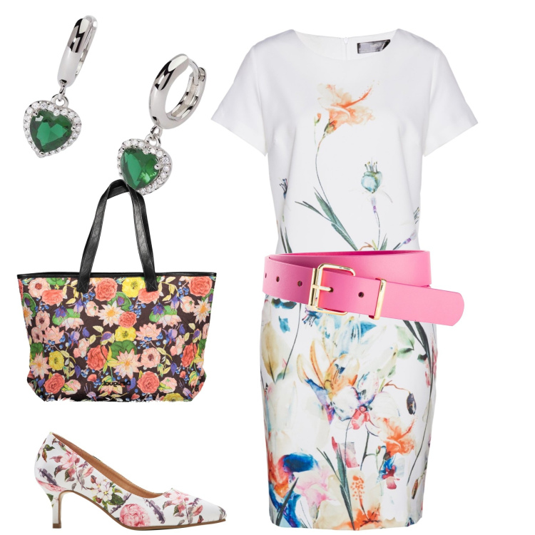 Outfit donna - Cuori sui fiori. Stile Chic per Tutti i giorni. Abbinamento con cinture, vestiti a tubino, décolleté, orecchini, borse a spalla.