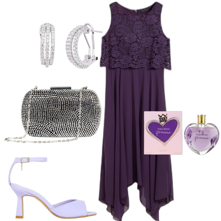 Outfit donna - Serata. Stile Chic per Serata fuori. Abbinamento con vestiti midi/longuette, profumi, orecchini, clutch, décolleté.