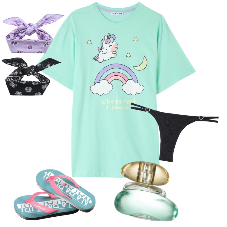 Outfit donna - Che relax casa propria. Stile Basic per Tutti i giorni. Abbinamento con profumi, culotte, pigiama, fasce per capelli, infradito.