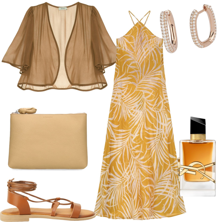 Outfit donna - Serata monocolore. Stile Chic per Serata fuori. Abbinamento con profumi, cardigans, sandali, orecchini, vestiti lunghi, pochette.