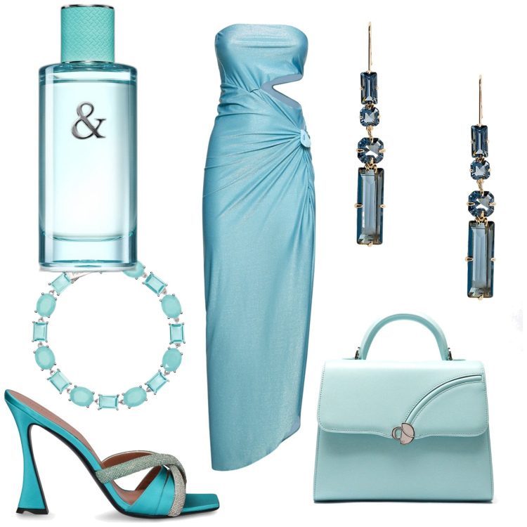 Outfit donna - Sandalo glamour. Stile Glamour per Cerimonia. Abbinamento con profumi, braccialetti, orecchini, vestiti, borse a mano, sandali in pelle.
