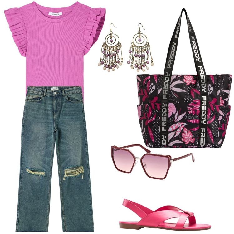 Outfit donna - Pomeriggio in centro. Stile Minimal per Scuola/Università. Abbinamento con sandali, t-shirt, jeans strappati, shopping bag, orecchini, occhiali da sole.