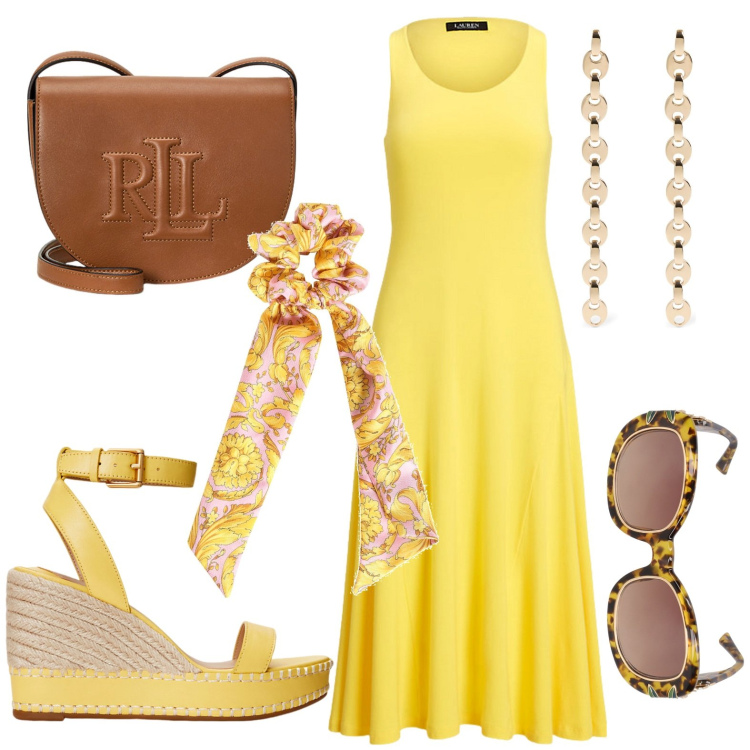 Outfit donna - Vestito lungo. Stile Casual per Tutti i giorni. look ideale per Petite. Abbinamento con borse a tracolla, vestiti senza maniche, espadrillas, accessori per capelli, occhiali da sole, orecchini.