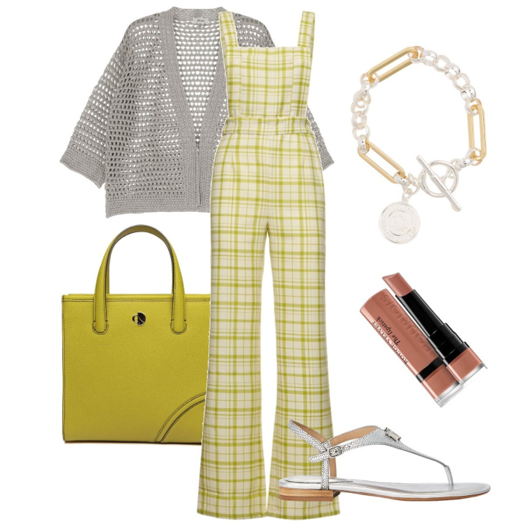 Outfit donna - La jumpsuit a quadri. Stile Trendy per Tutti i giorni. Abbinamento con rossetti, cardigans, braccialetti, sandali in pelle, tute, shopping bag.