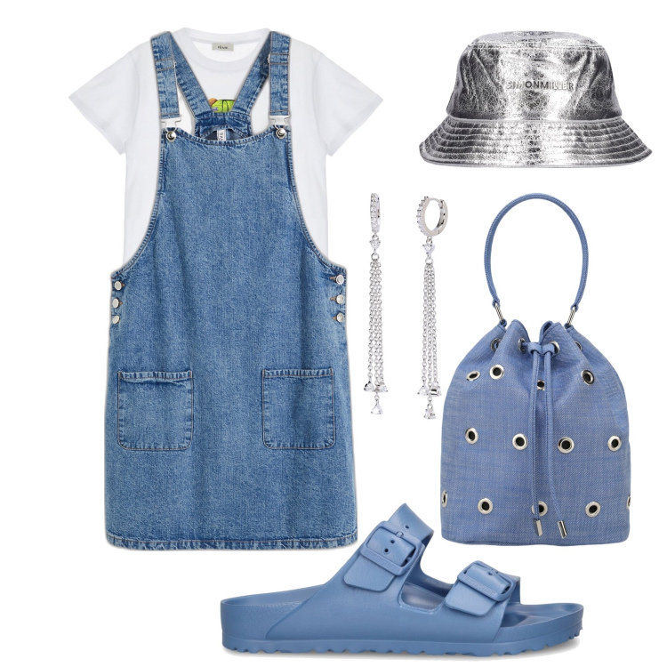 Outfit donna - La salopette !. Stile Casual per Tutti i giorni. Abbinamento con salopette, orecchini, t-shirt, borse a secchiello, sandali, cappelli.