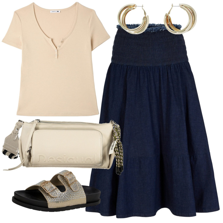 Outfit donna - Look leggeri per l\'estate. Stile Basic per Tutti i giorni. Abbinamento con gonne, ciabatte, t-shirt, orecchini, borse a spalla.