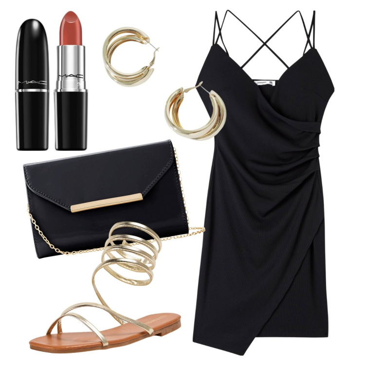 Outfit donna - Nero e oro. Stile Sexy per Serata fuori. Abbinamento con pochette, rossetti, vestiti, sandali, orecchini.