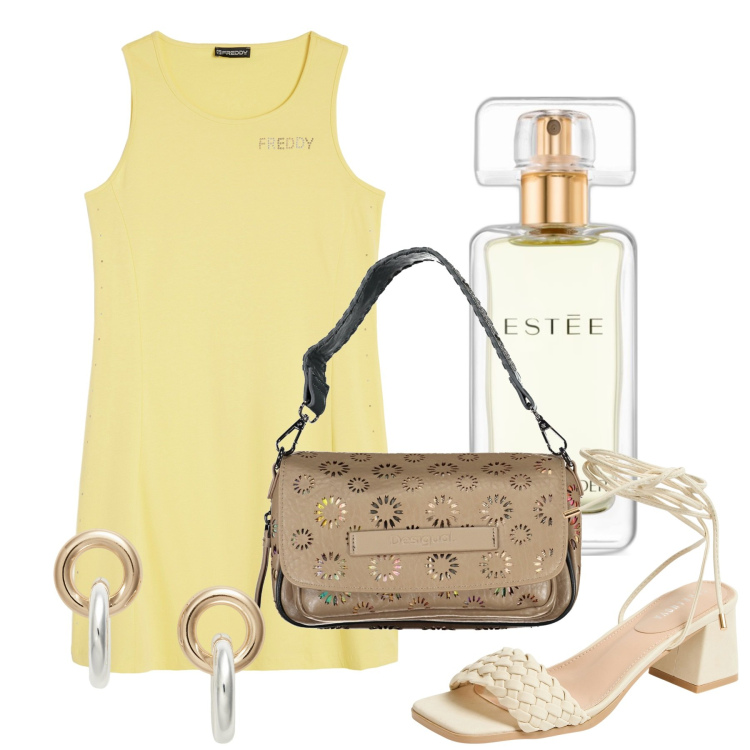 Outfit donna - Mattina. Stile Bon Ton per Tutti i giorni. Abbinamento con profumi, sandali alla schiava, vestiti senza maniche, orecchini, borse a spalla.