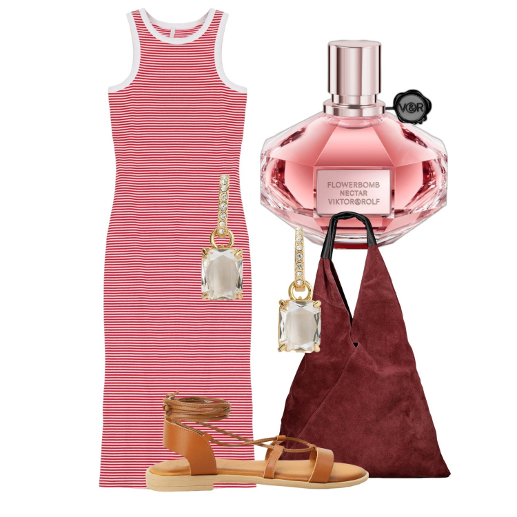 Outfit donna - Sulle righe. Stile Urban per Tutti i giorni. Abbinamento con profumi, vestiti lunghi, orecchini, sandali, borse a spalla.