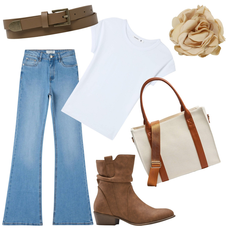 Outfit donna - Cowgirl. Stile Trendy Abbinamento con stivaletti texani, t-shirt, shopping bag, jeans a zampa, braccialetti, cinture.