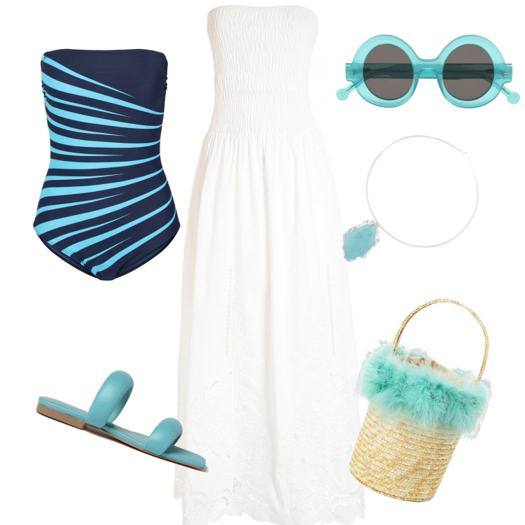 Outfit donna - Blue. Abbinamento con costumi interi, vestiti lunghi, ciondoli, borse a secchiello, occhiali da sole, sandali in pelle.
