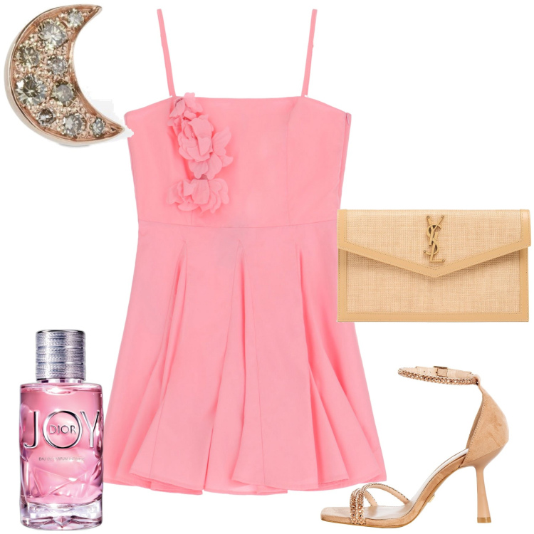 Outfit donna - Serata sotto la luna. Stile Chic per Serata fuori. Abbinamento con profumi, sandali gioiello, vestiti corti, pochette, orecchini.