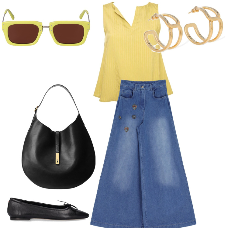 Outfit donna - City. Stile Urban per Tutti i giorni. Abbinamento con jeans, borse a spalla, top, orecchini, occhiali da sole, ballerine.