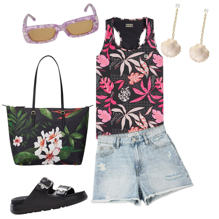 Outfit donna - Fiorito lungomare. Stile Trendy per Mare. Abbinamento con ciabatte, shorts, canottiere, orecchini, borse tote, occhiali da sole.