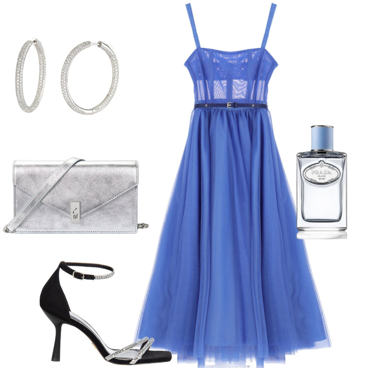 Outfit donna - Argentee trasparenze. Stile Chic per Serata fuori. Abbinamento con profumi, orecchini, sandali gioiello, vestiti lunghi, clutch.