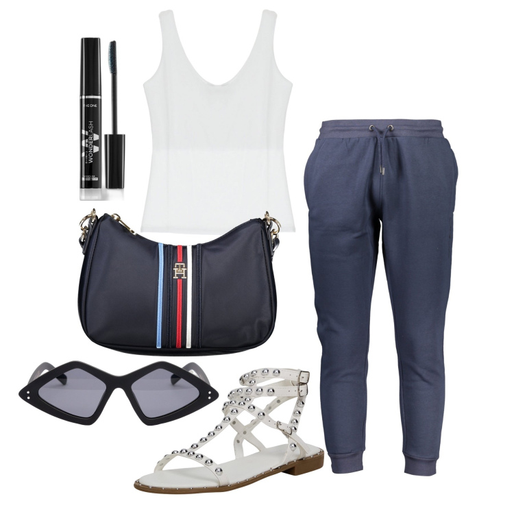 Outfit donna - Ghost outfitter - giugno. Stile Casual per Tutti i giorni. Abbinamento con mascara, sandali, top, borse a tracolla, pantaloni, occhiali da sole.