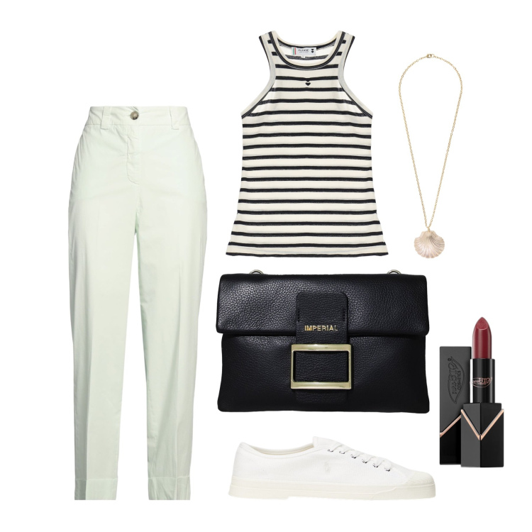 Outfit donna - Ghost outfitter - giugno. Stile Basic per Tutti i giorni. Abbinamento con pantaloni, rossetti, top, pochette, collane, sneakers.