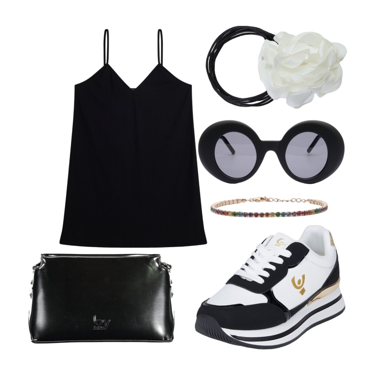 Outfit donna - Ghost outfitter - giugno. Stile Trendy per Tutti i giorni. Abbinamento con braccialetti, vestiti corti, sneakers, collane, borse a tracolla, occhiali da sole.