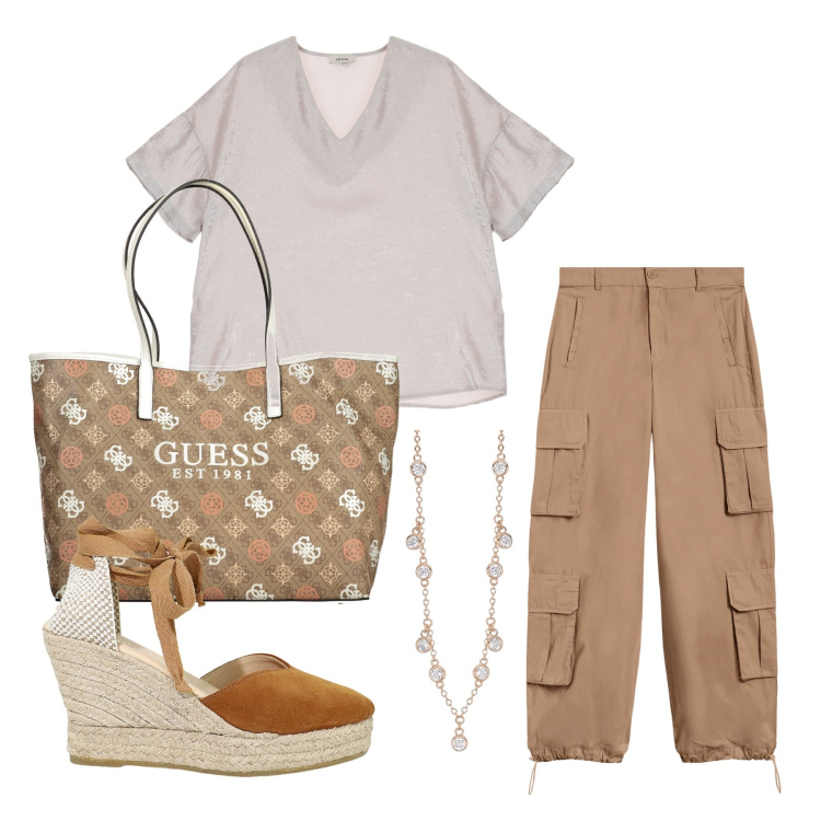 Outfit donna - Ghost outfitter - giugno. Stile Casual per Tutti i giorni. Abbinamento con bluse, zeppe, collane, pantaloni cargo, borse a spalla.