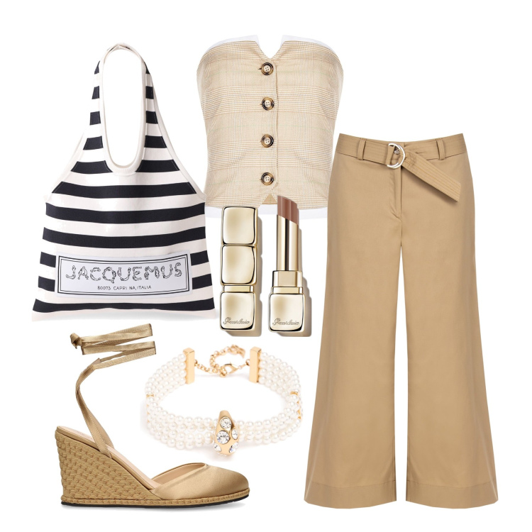 Outfit donna - Ghost outfitter - giugno. Stile Casual chic per Tutti i giorni. Abbinamento con rossetti, top, pantaloni a palazzo, zeppe, collane, borse tote.