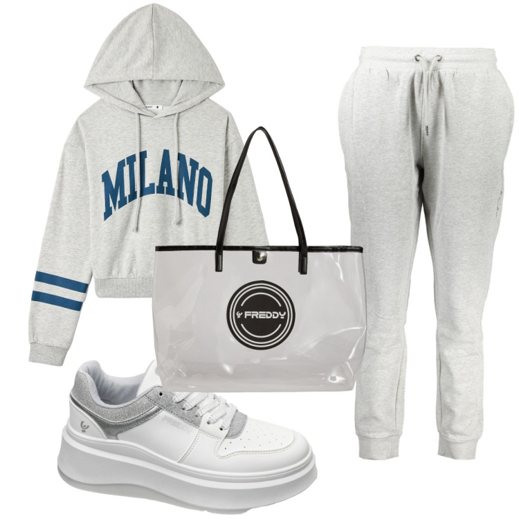 Outfit donna - Total look #1904201. Stile Basic per Sport. Abbinamento con felpe con cappuccio, shopping bag, sneakers, pantaloni.
