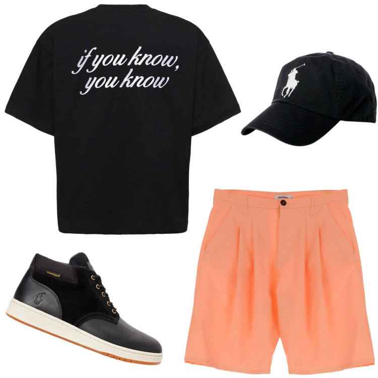 Outfit uomo - Total look #1904215. Stile Casual per Tutti i giorni. Abbinamento con bermuda, cappelli, stivali, t-shirt.