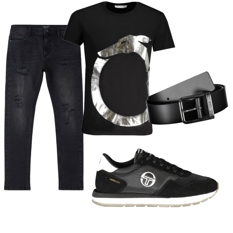 Outfit uomo - Total look #1904220. Stile Casual per Tutti i giorni. Abbinamento con jeans strappati, t-shirt, cinture, scarpe sportive.