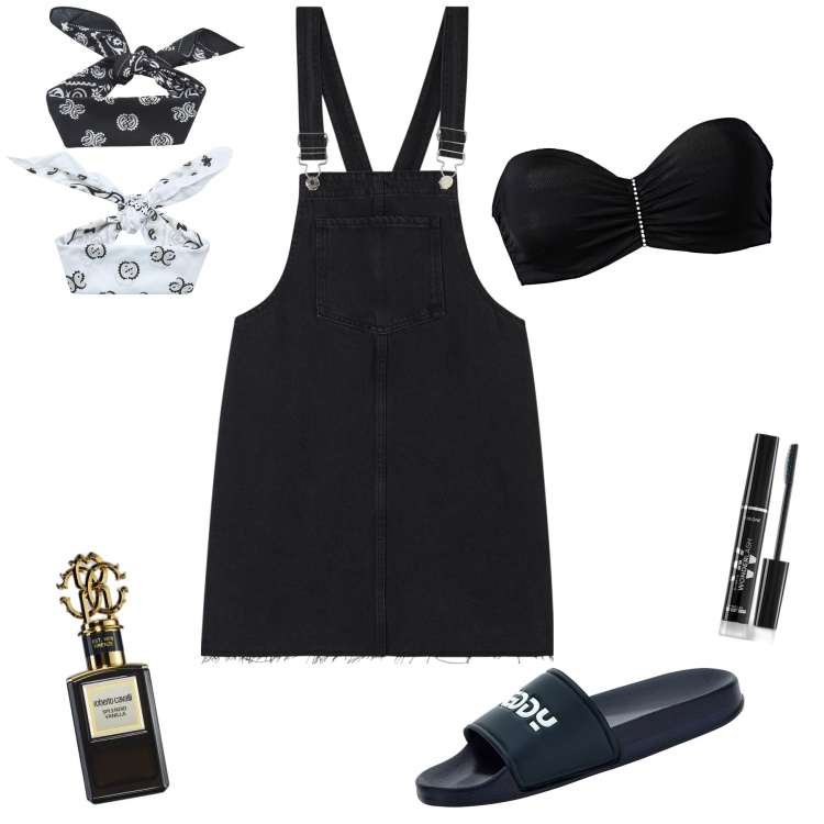 Outfit donna - Comoda, ma curata in casa. Stile Basic per Tutti i giorni. Abbinamento con reggiseni a balconcino, profumi, mascara, fasce per capelli, salopette, ciabatte.