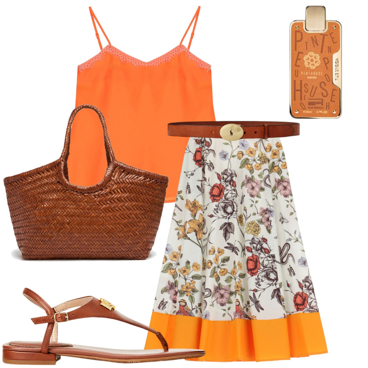 Outfit donna - Look dell\' estate. Stile Casual chic per Serata fuori. Abbinamento con profumi, gonne lunghe, top, sandali in pelle, cinture, shopping bag.