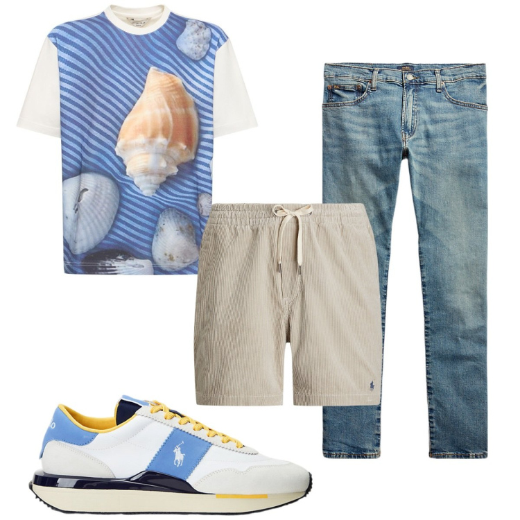 Outfit uomo - Total look #1904238. Stile Trendy per Mare. Abbinamento con jeans, sneakers, polo, t-shirt.