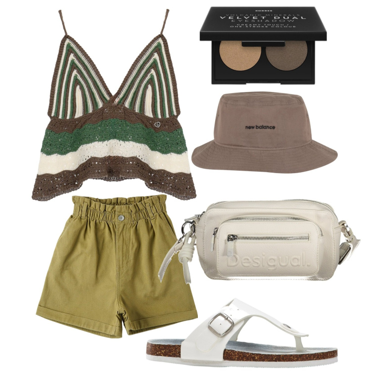 Outfit donna - Total look #1904243. Stile Casual per Tutti i giorni. Abbinamento con infradito, ombretti, shorts, cappelli, top, borse a spalla.