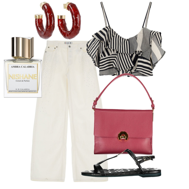 Outfit donna - Nice. Stile Bon Ton per Tutti i giorni. Abbinamento con profumi, pantaloni, top, borse a spalla, sandali, orecchini.
