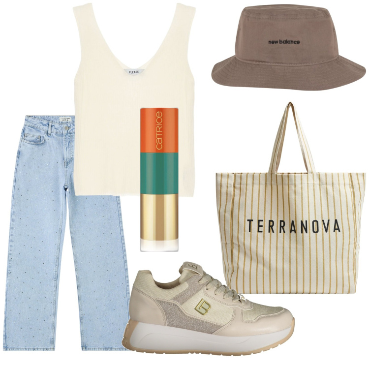 Outfit donna - Total look #1904252. Stile Casual per Tutti i giorni. Abbinamento con rossetti, jeans, borse tote, cappelli, top, sneakers.