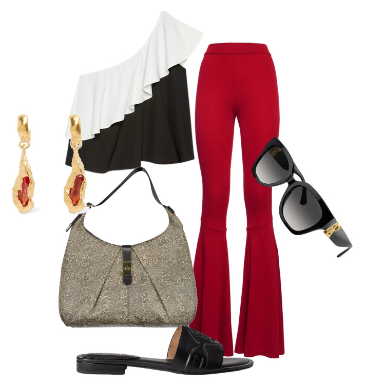Outfit donna - Passeig de Gracia. Stile Chic per Tutti i giorni. Abbinamento con top, occhiali da sole, sandali in pelle, pantaloni, borse a spalla, orecchini.