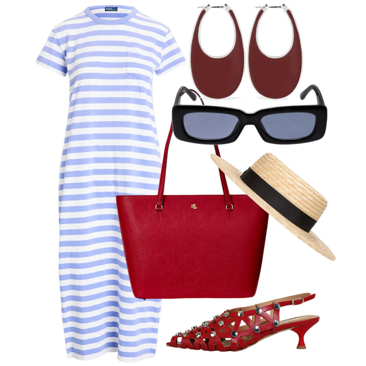 Outfit donna - Bandol. Stile Bon Ton per Tutti i giorni. Abbinamento con borse tote, vestiti, sandali col tacco, cappelli, orecchini, occhiali da sole.