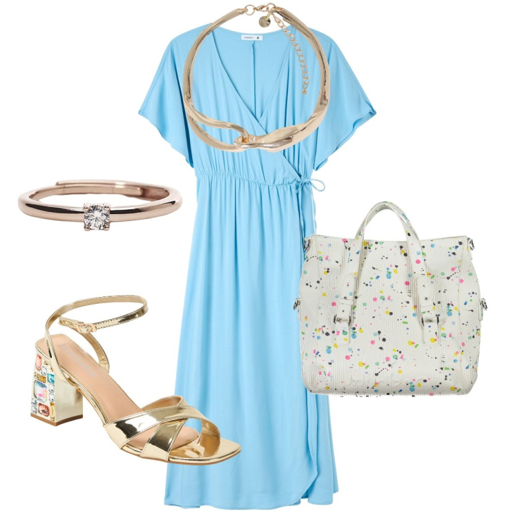 Outfit donna - L’abitino azzurro. Stile Bon Ton per Serata fuori. Abbinamento con vestiti lunghi, sandali gioiello, anelli, collane, borse a spalla.