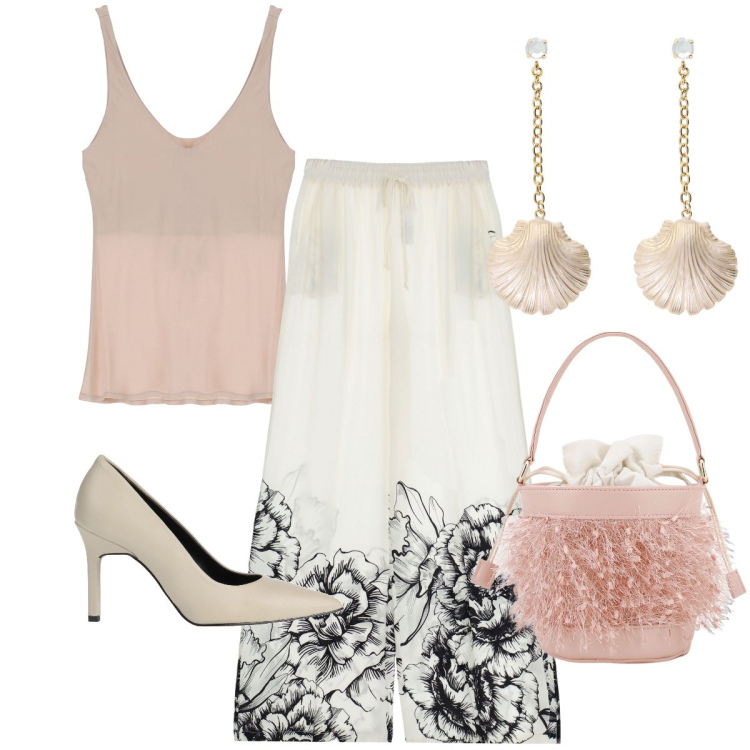 Outfit donna - Chic con coulisse. Stile Chic per Serata fuori. Abbinamento con décolleté, pantaloni a palazzo, borse a secchiello, canottiere, orecchini.