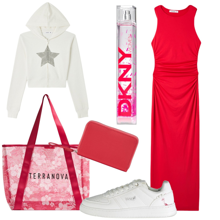 Outfit donna - Rosso & bianco. Stile Trendy per Tutti i giorni. Abbinamento con profumi, shopping bag, vestiti lunghi, portafogli, felpe con cappuccio, sneakers.