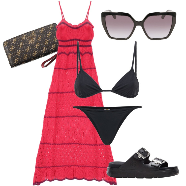 Outfit donna - L’abito in crochet. Stile Boho per Mare. Abbinamento con ciabatte, vestiti lunghi, occhiali da sole, portafogli, bikini, bikini.